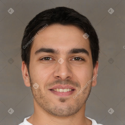 Joyful white young-adult male with short  brown hair and brown eyes