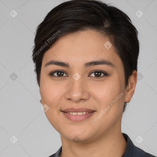 Joyful white young-adult female with short  brown hair and brown eyes