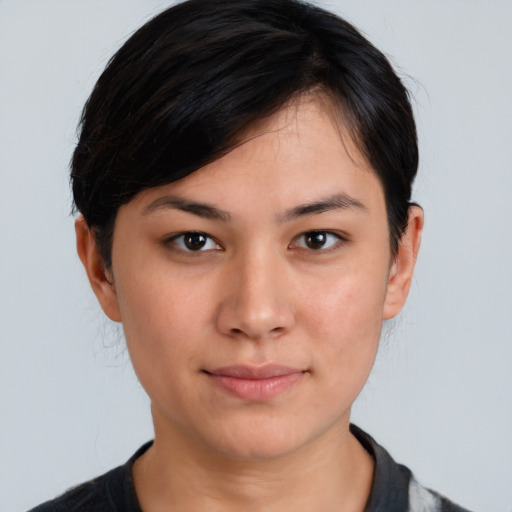 Neutral white young-adult female with short  brown hair and brown eyes
