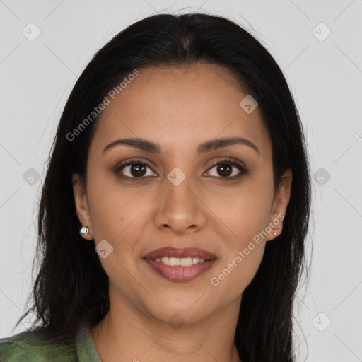 Joyful latino young-adult female with long  brown hair and brown eyes