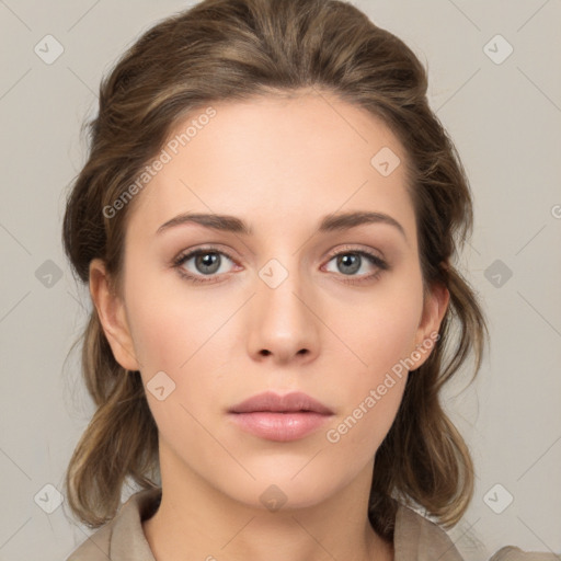 Neutral white young-adult female with medium  brown hair and brown eyes