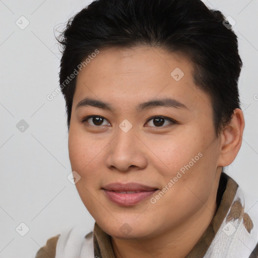 Joyful asian young-adult female with medium  brown hair and brown eyes