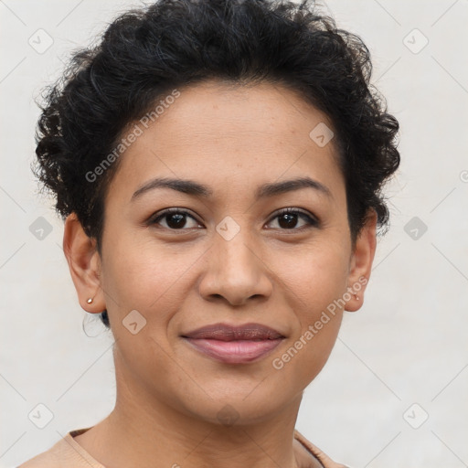 Joyful latino young-adult female with short  brown hair and brown eyes