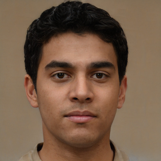 Neutral asian young-adult male with short  brown hair and brown eyes