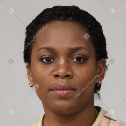 Neutral black young-adult female with short  brown hair and brown eyes