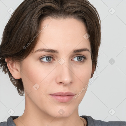 Neutral white young-adult female with medium  brown hair and grey eyes