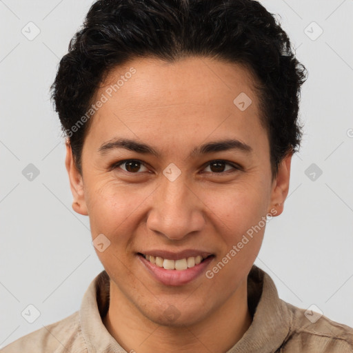 Joyful white young-adult female with short  brown hair and brown eyes