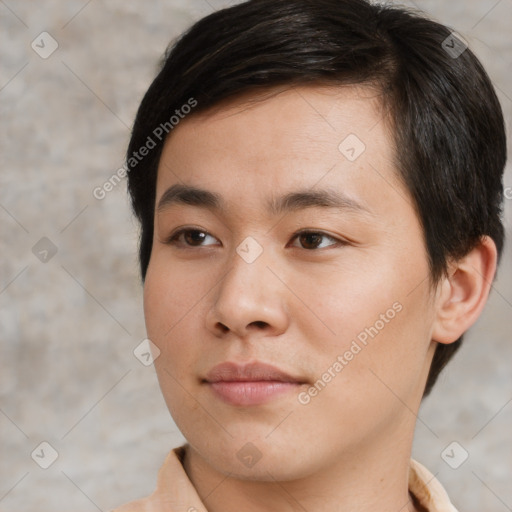 Neutral asian young-adult male with short  brown hair and brown eyes