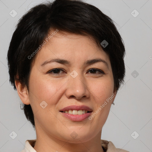 Joyful white adult female with medium  brown hair and brown eyes