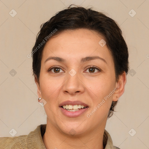 Joyful white adult female with short  brown hair and brown eyes