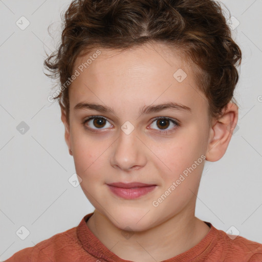 Joyful white child female with short  brown hair and brown eyes