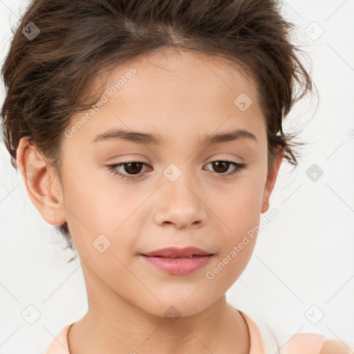 Joyful white child female with medium  brown hair and brown eyes