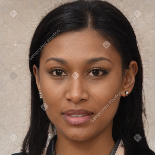 Joyful latino young-adult female with long  brown hair and brown eyes