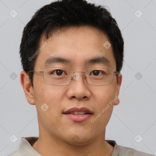 Neutral asian young-adult male with short  brown hair and brown eyes