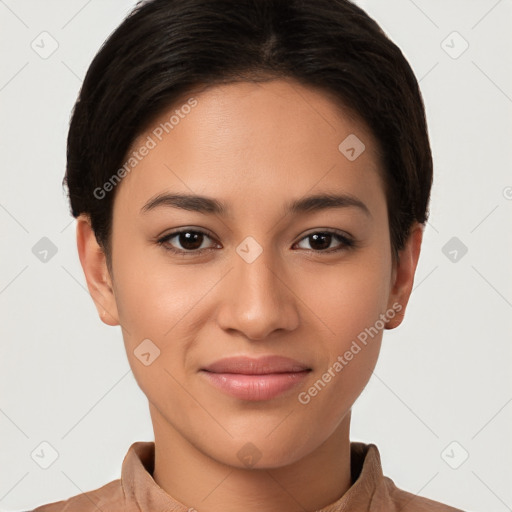 Joyful latino young-adult female with short  brown hair and brown eyes