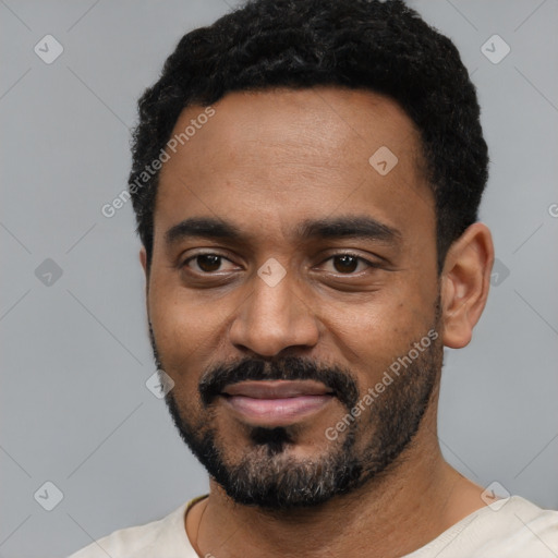 Joyful black young-adult male with short  black hair and brown eyes