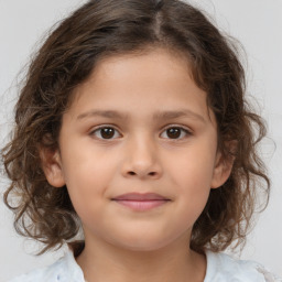 Joyful white child female with medium  brown hair and brown eyes