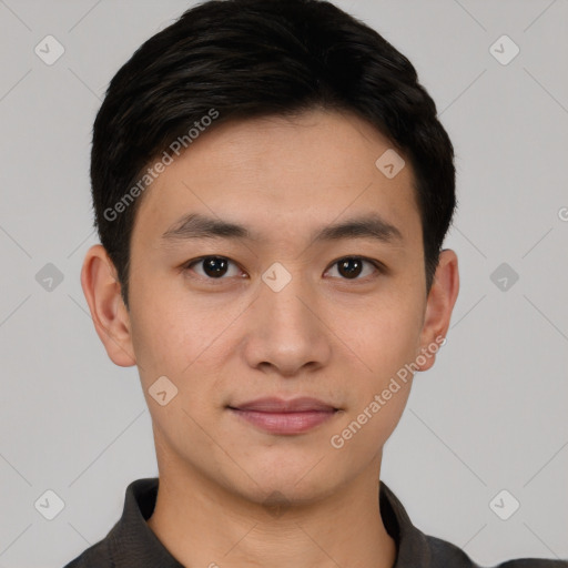 Neutral asian young-adult male with short  black hair and brown eyes