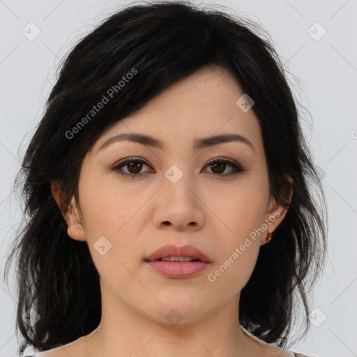 Neutral asian young-adult female with medium  brown hair and brown eyes