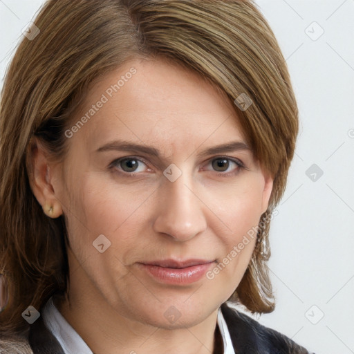 Joyful white young-adult female with medium  brown hair and blue eyes