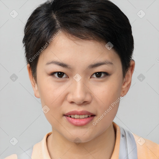 Joyful asian young-adult female with short  brown hair and brown eyes