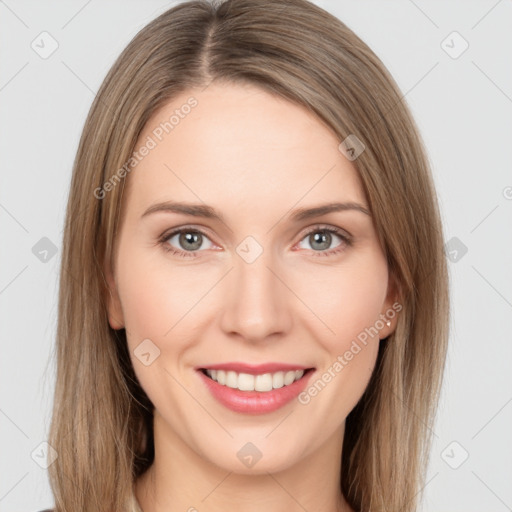 Joyful white young-adult female with long  brown hair and green eyes