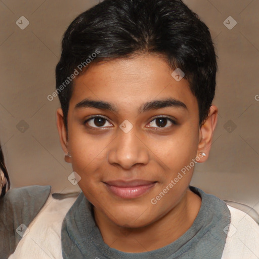 Joyful latino young-adult female with short  brown hair and brown eyes