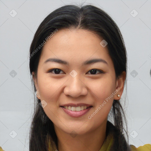 Joyful white young-adult female with medium  brown hair and brown eyes