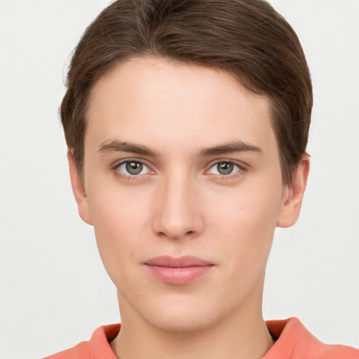 Neutral white young-adult female with short  brown hair and brown eyes