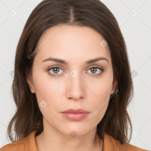 Neutral white young-adult female with medium  brown hair and brown eyes