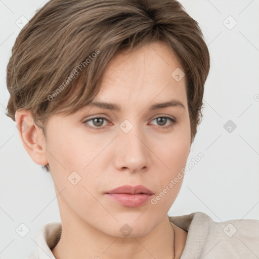 Neutral white young-adult female with short  brown hair and brown eyes