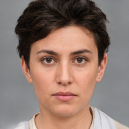 Neutral white young-adult female with short  brown hair and brown eyes