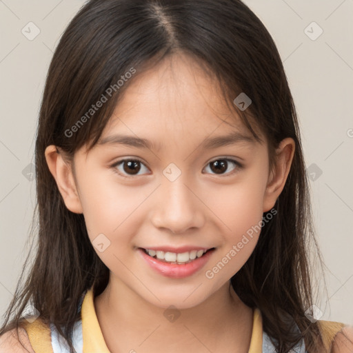 Joyful white child female with medium  brown hair and brown eyes