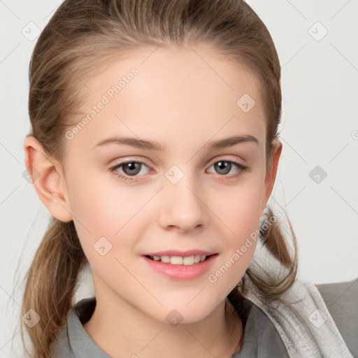 Joyful white child female with medium  brown hair and grey eyes