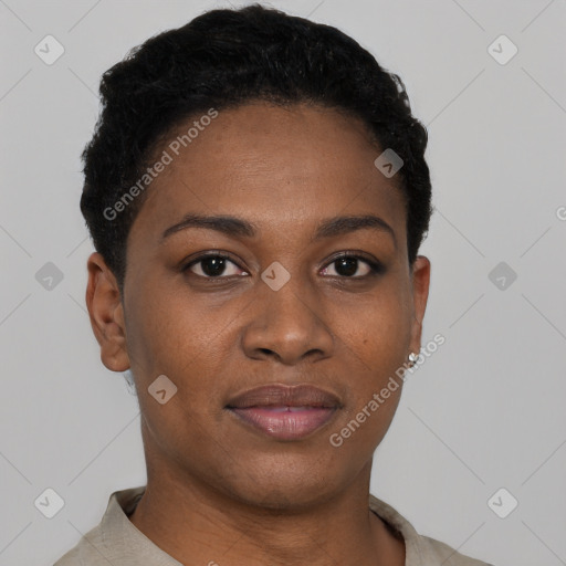 Joyful black young-adult female with short  black hair and brown eyes