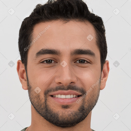 Joyful white young-adult male with short  brown hair and brown eyes