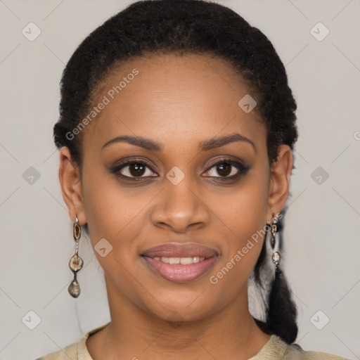 Joyful latino young-adult female with long  brown hair and brown eyes