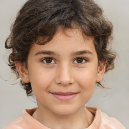 Joyful white child female with medium  brown hair and brown eyes