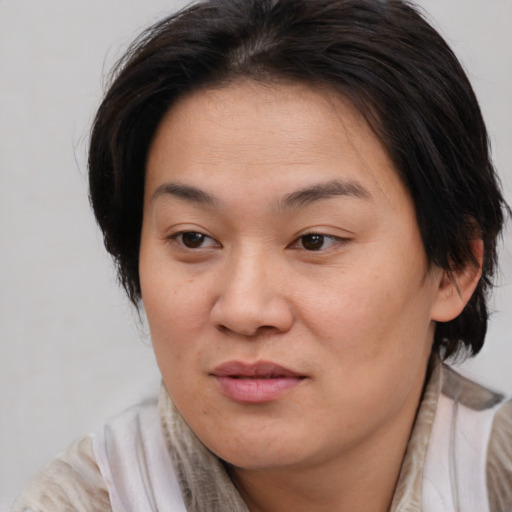 Joyful asian young-adult female with medium  brown hair and brown eyes