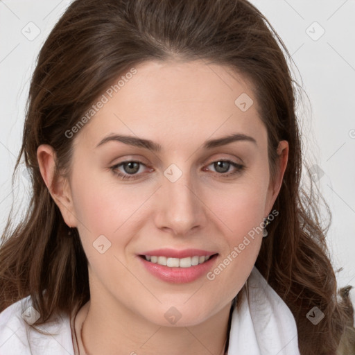 Joyful white young-adult female with medium  brown hair and grey eyes