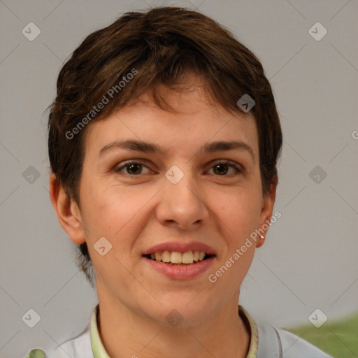 Joyful white young-adult female with short  brown hair and brown eyes