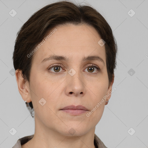 Neutral white adult female with short  brown hair and brown eyes