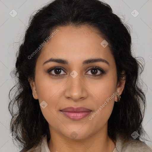 Joyful latino young-adult female with long  brown hair and brown eyes