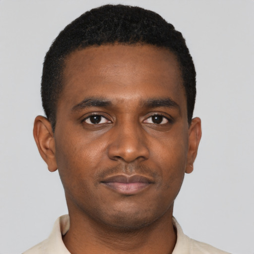 Neutral black young-adult male with short  black hair and brown eyes