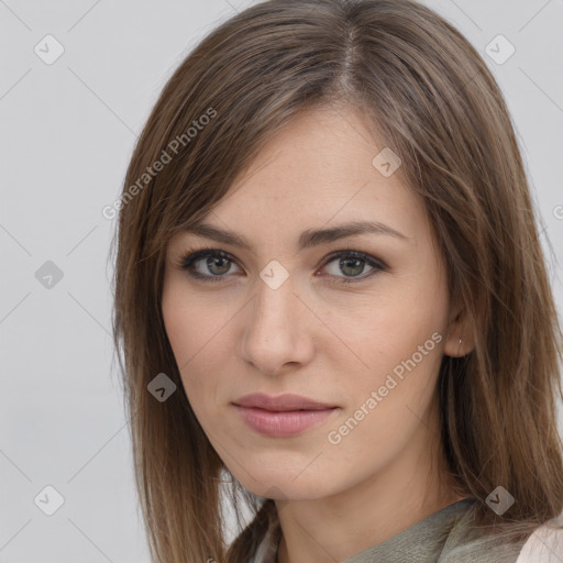 Neutral white young-adult female with long  brown hair and brown eyes