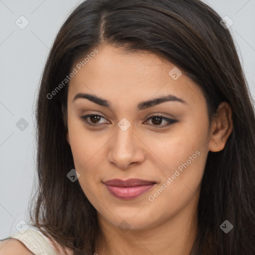 Joyful asian young-adult female with long  brown hair and brown eyes