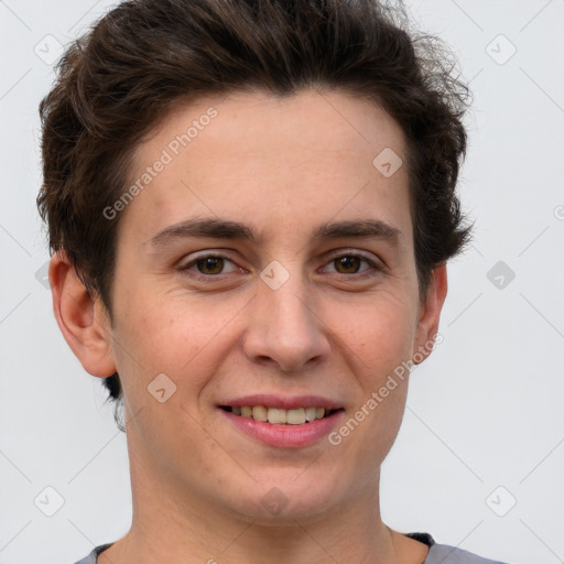 Joyful white young-adult female with short  brown hair and grey eyes