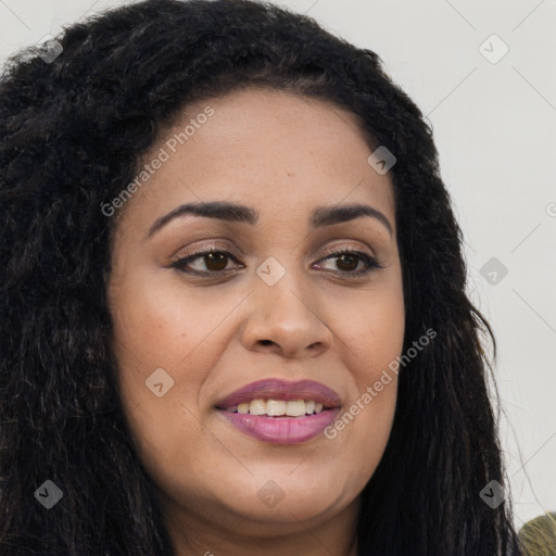 Joyful latino young-adult female with long  brown hair and brown eyes