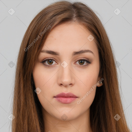 Neutral white young-adult female with long  brown hair and brown eyes