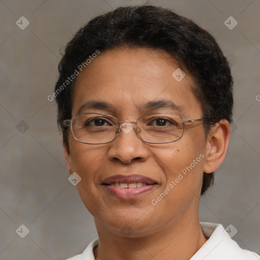 Joyful white adult female with short  brown hair and brown eyes